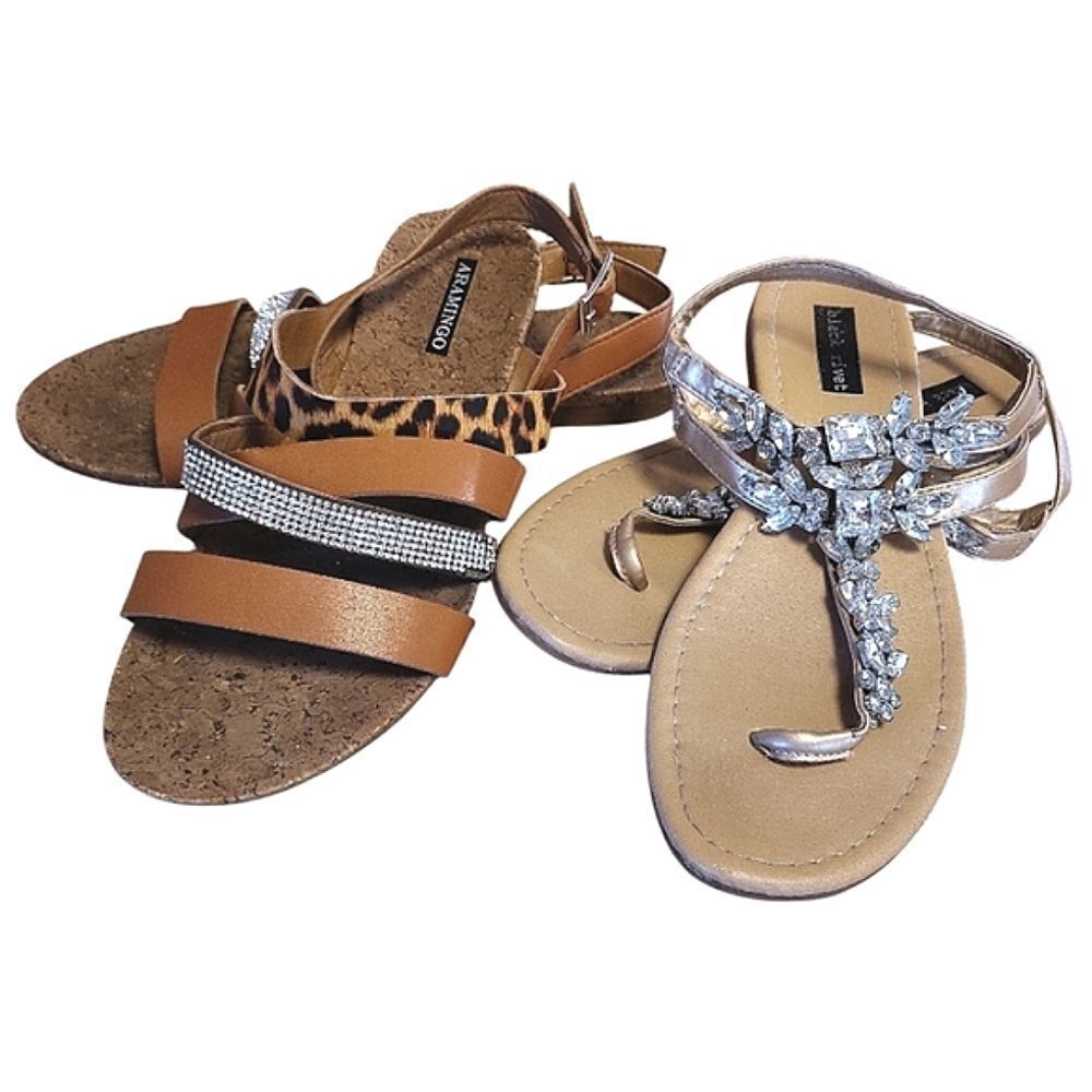 2 Prs Strappy Rhinestones & Animal Print Sandals SZ 7.5 Bundle Summer Boho